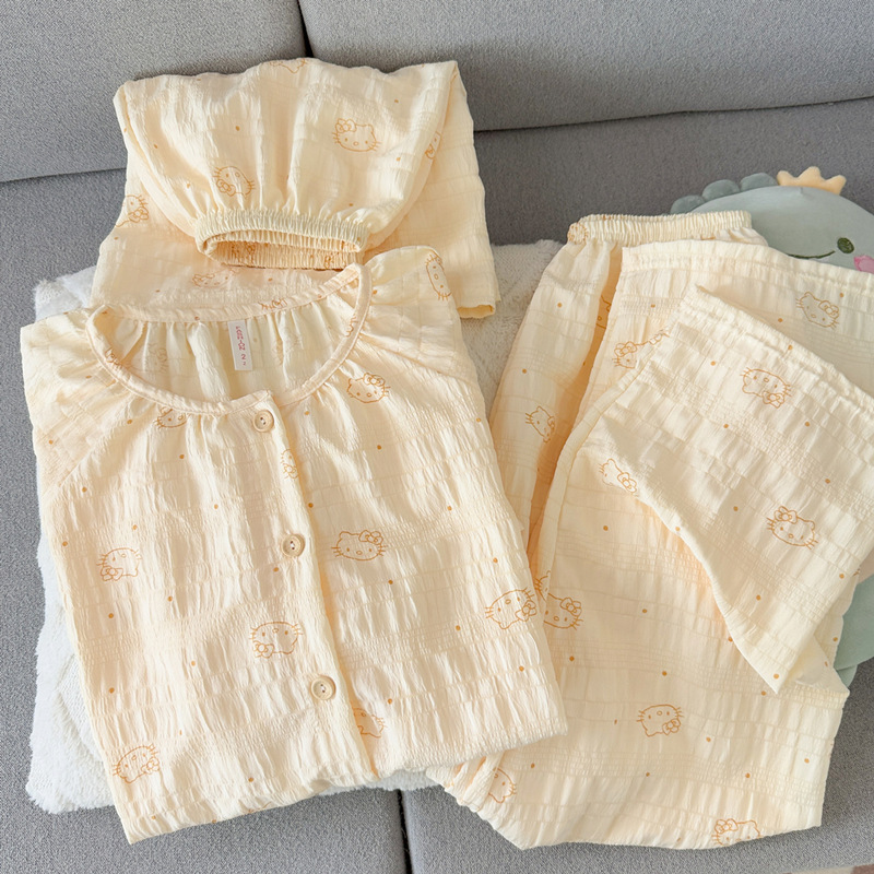 Cute Little Cat Clouds Pure Cotton Gauze Pajamas for Women, Summer Short-Sleeve Student Girl Three-Piece Home Wear, Can Be Worn Outside