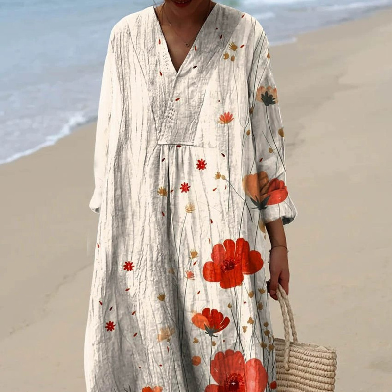 2025 Cross-Border Independent Station Amazon Long Sleeve Shirt Dress Women's Casual Floral 3D Printed Sleeve Long Skirt