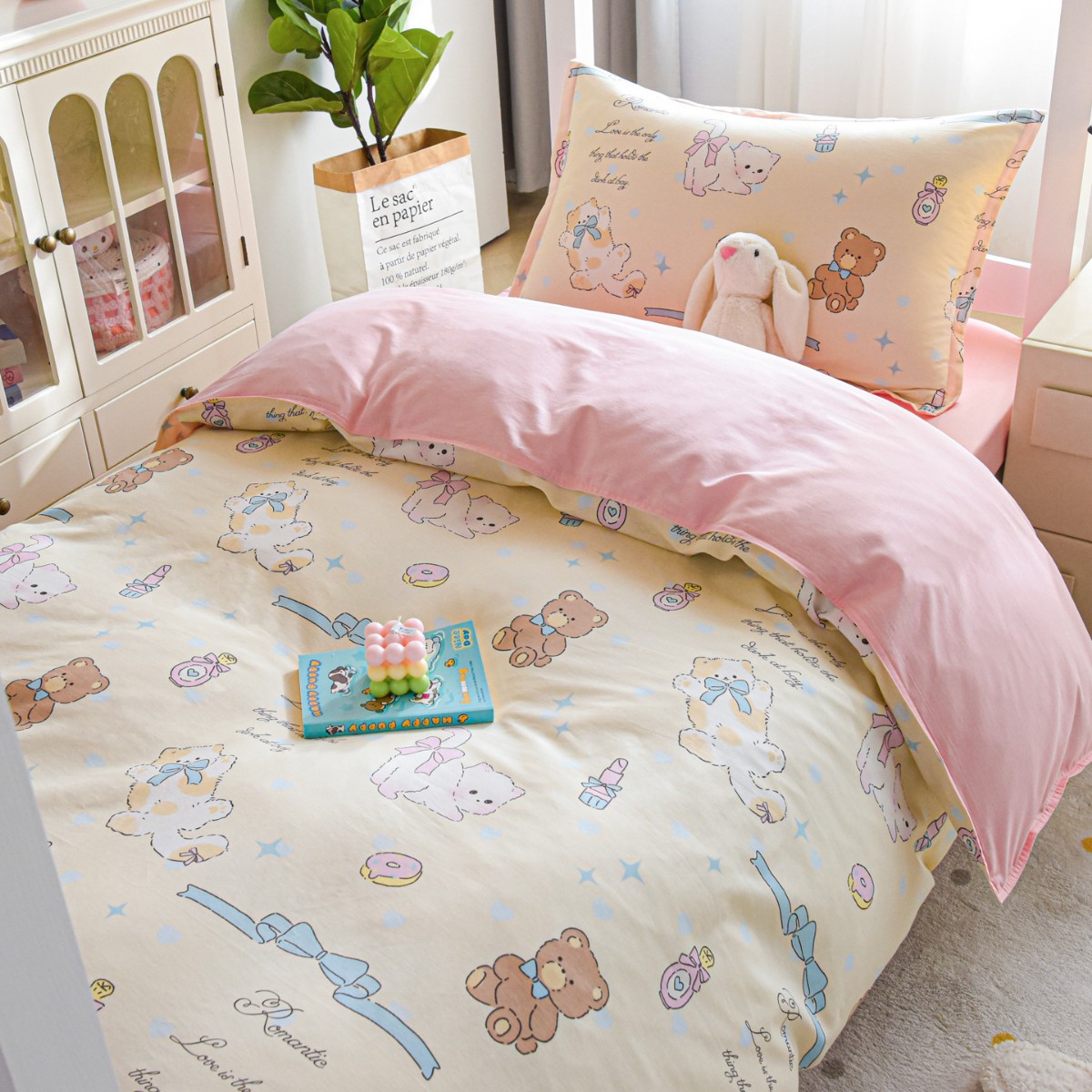 Dormitorio de estudiantes universitarios de tres piezas de cama de algodón puro, sábanas de cama de algodón, sábanas de dormitorio, cuatro piezas de dibujos animados