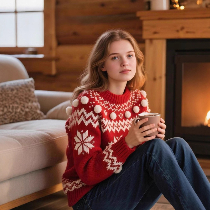 2026 European and American Cross-Border Amazon Meikeduo Home Casual Loose Pom-Pom Color-Blocking Women's Sweater Anti-Pilling 2026 European and American Cross-Border Amazon Meikeduo Home Casual Loose Pom-Pom Color-Blocking Women's Sweater Anti-Pilling