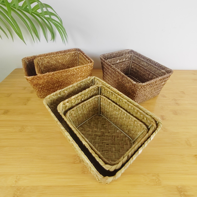 海草収納かご手編み雑物かご長方形短いテーブル整理かごオフィス収納かご卸売り