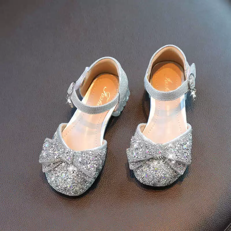 Genuine leather girls' princess shoes, children's high heels, summer leather shoes, crystal shoes with dress rhinestones, performance shoes for little girls