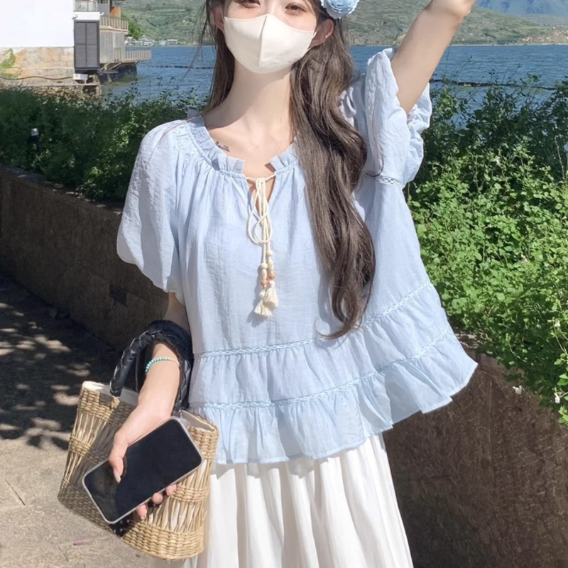 Blue Linen Cotton Short-Sleeve Top for Women, Summer French Dopamine Bright Style Doll Shirt Set with Puff Sleeve T-Shirt Blue Linen Cotton Short-Sleeve Top for Women, Summer French Dopamine Bright Style Doll Shirt Set with Puff Sleeve T-Shirt