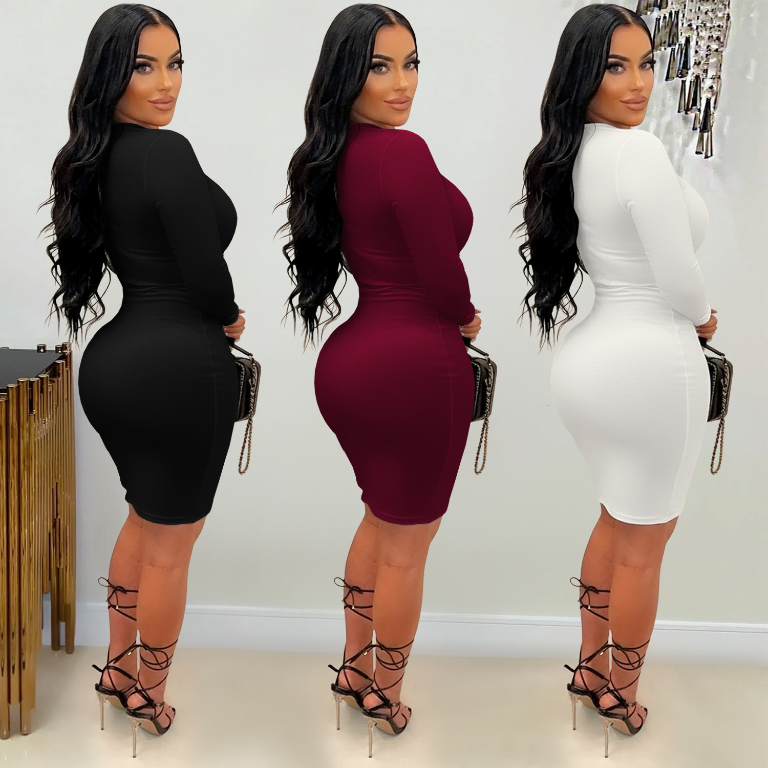 C7627 Aliexpress transfronterizo Amazon Europa y América moda de mujer temperamento hombro abierto delgado bolsas de cadera vestido sólido image 3