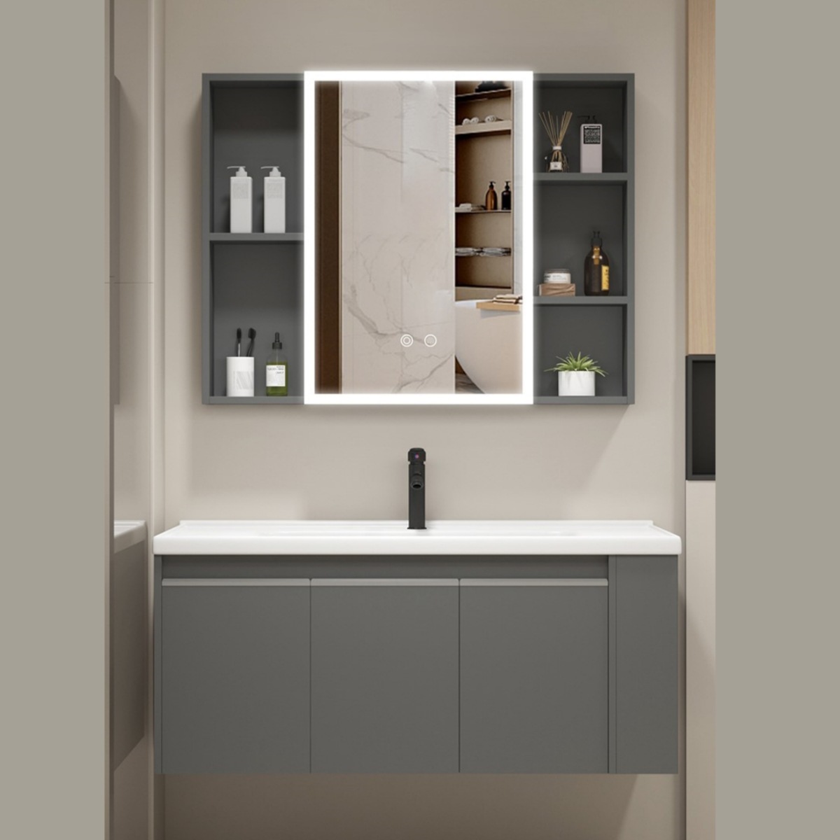 gabinete de baño de panal de aluminio espacial combinado con cuadrícula de borde integrado lavabo cerámico lavabo gabinete estante de almacenamiento lateral