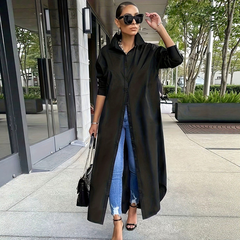 Cross-border women's black collared long shirt dress, single-breasted, loose-fitting, off-shoulder, elegant and casual style shirt dress Cross-border women's black collared long shirt dress, single-breasted, loose-fitting, off-shoulder, elegant and casual style shirt dress