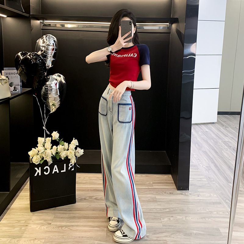 Summer Small Tall Casual Fashion suit Women's Red Short Short-sleeved T-shirt Wide Leg Jeans Two-piece Set