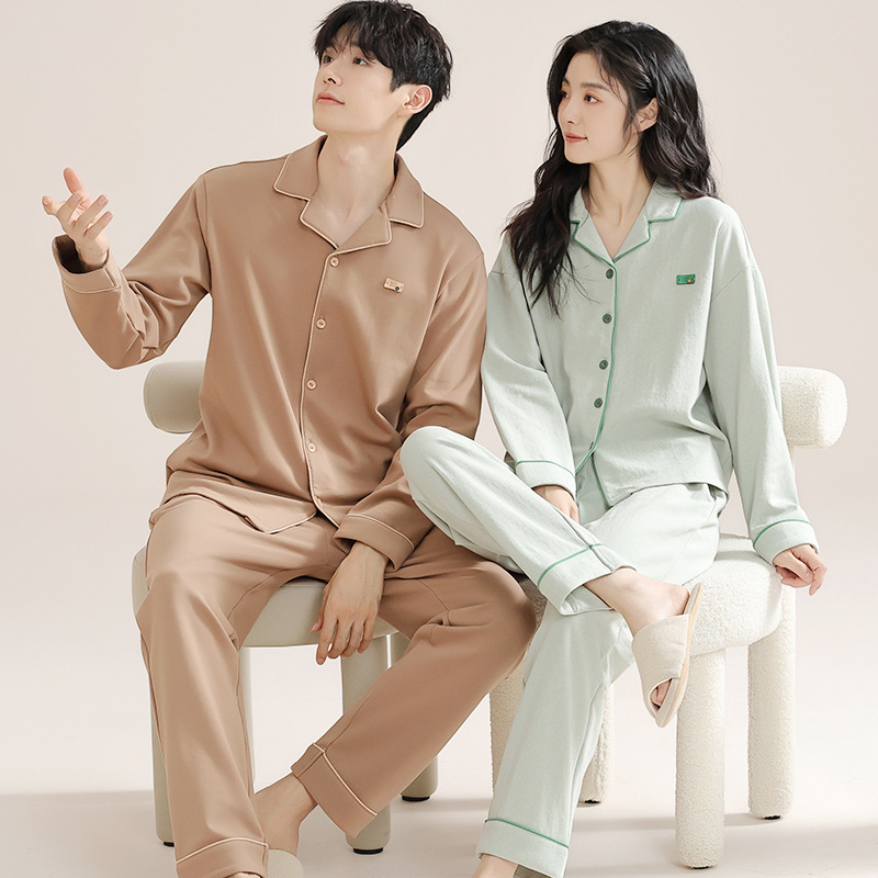 항균 통기성 순면 커플 잠옷 봄과 가을 긴 소매 바지 가디건 옷깃 플러스 사이즈 세트 남성 및 여성 홈 옷