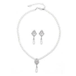 Wish欧美跨境珍珠项链首饰套装镶钻玫瑰花镂空吊坠珍珠流苏新娘链