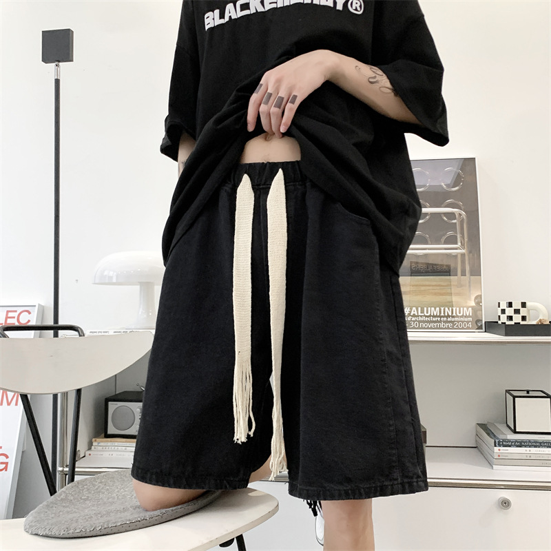 Hong Kong wind ins retro correas pantalones cortos de mezclilla para hombres verano delgado suelto casual tendencia salvaje estudiantes pantalones de cinco puntos
