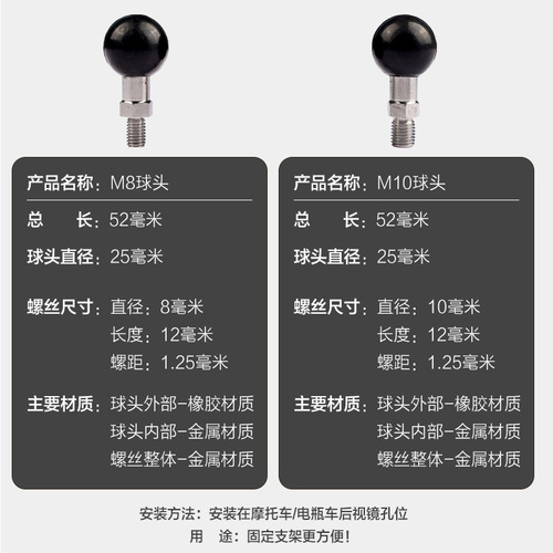 Moto motorcycle and electric bike mirror ball head base M8 M10 phone holder accessories stainless steel sturdy