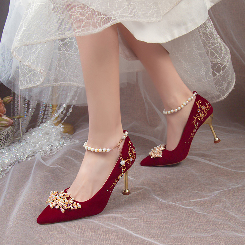 Wedding Shoes Women's High Heels Women's 2024 Spring and Autumn New Chunky Heel Not Tired Feet Red Bridal Shoes for Wedding Pregnant Women