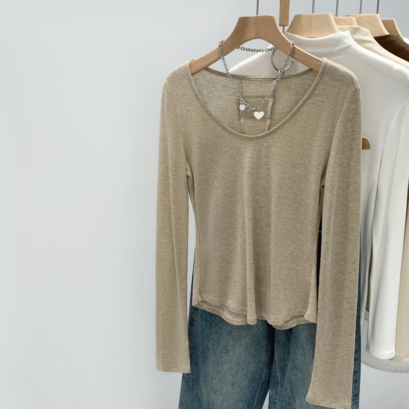 Solid Color Lyocell Tencel Wool U-Neck Inner Layer Base Shirt T-Shirt for Women 2025 New Early Autumn Slimming Long-Sleeve Top