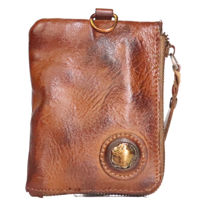 First-Layer Cowhide Coin Purse for Men, Retro Key Bag, Zipper, Multi-Functional Card Holder, Handmade Old Rubbed Small Wallet for Women