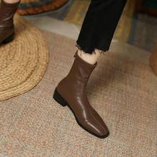 简约韩版棕色方头平跟弹力瘦瘦靴新款秋冬方头后拉链单靴