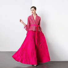 2757-3欧美跨境时尚套装烫金流苏斗篷外套大码女式拖地裙两件套装