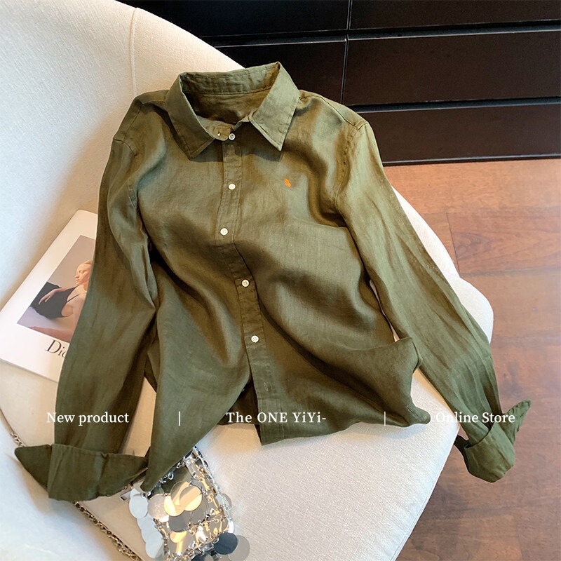 Green Old Money Style Embroidered Polo Collar Cotton-Linen Shirt for Women, 2026 Spring-Summer New Model, High-End Elegant Light Luxury Top Green Old Money Style Embroidered Polo Collar Cotton-Linen Shirt for Women, 2026 Spring-Summer New Model, High-End Elegant Light Luxury Top