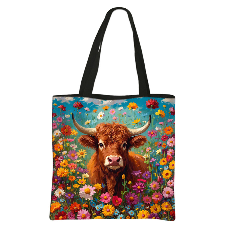 2025 New Highland Cow Sunflower Fashion Shoulder Bag Simple Environmental Bag Art Large Capacity Portable Bag