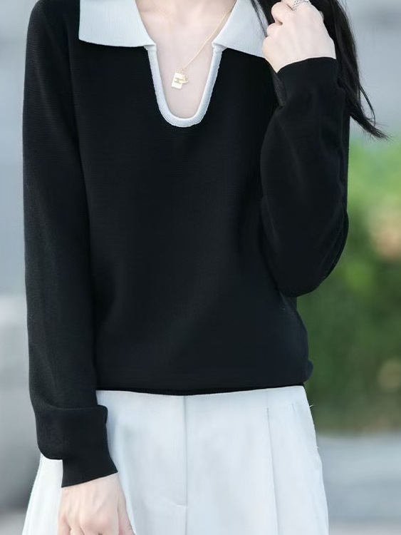 2025新款polo领女长袖针织薄款t恤早秋新款上衣外穿翻领毛衣小衫|undefined