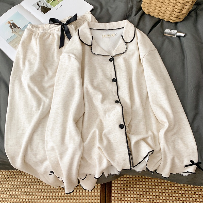Korean Striped Design Cashmere Pajamas for Women New Autumn Large Size Long-Sleeved Home Clothes Set That Can Be Worn Outside Korean Striped Design Cashmere Pajamas for Women New Autumn Large Size Long-Sleeved Home Clothes Set That Can Be Worn Outside