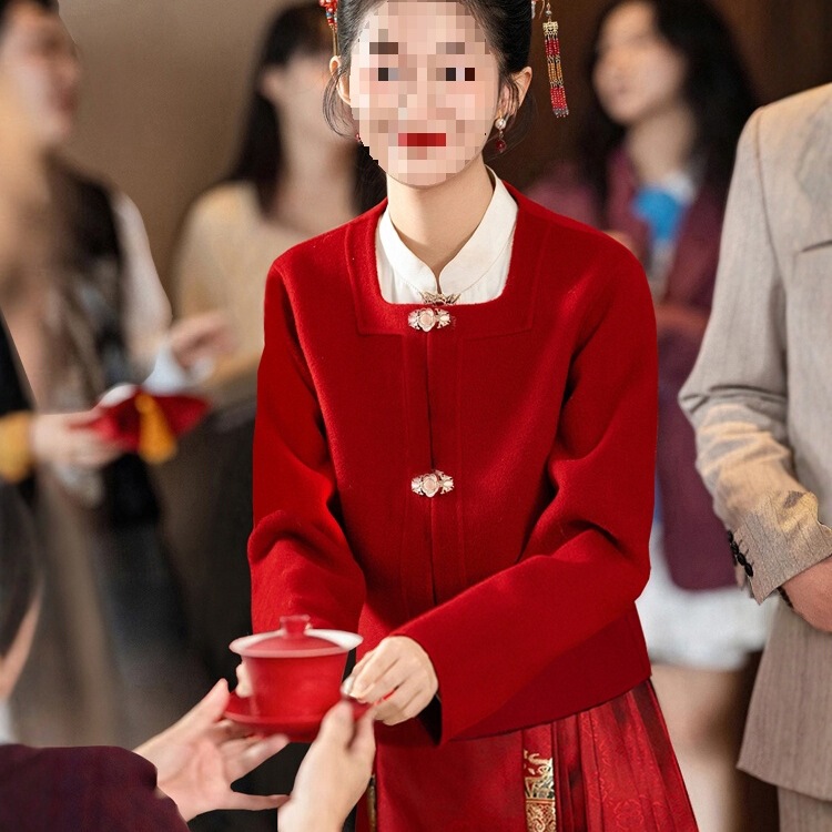 Red Coat Autumn and Winter Engagement Dress New Year Dress Toast Dress New Chinoiserie Top Bride Wedding Wool Outwear