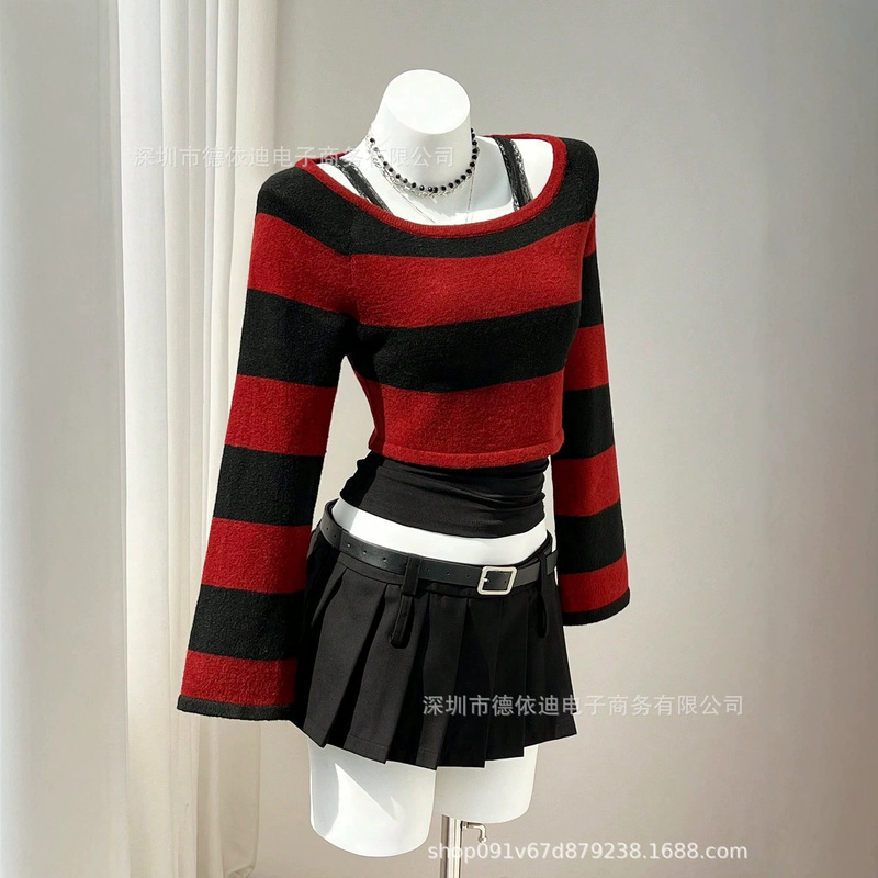 American retro red and black striped short knit top for women with square neck, bell sleeves, and exposed midriff, slim fit for hot girls