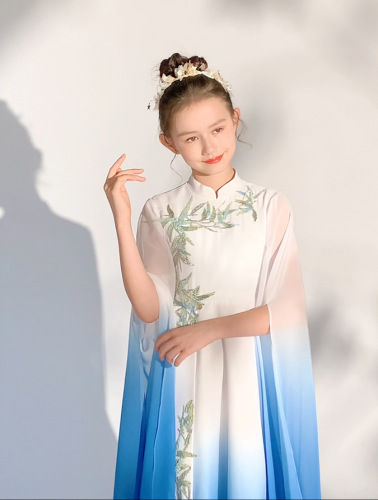 Kids Blue gradient hanfu fairy dress ancient folk dance  costumes guzheng performance long gown water sleeves model show catwalk shows performance clothing