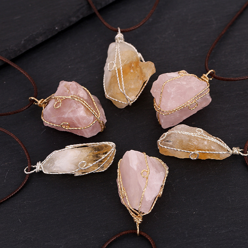 Cross-border natural crystal rough stone pendant irregular wire wound necklace diy jewelry accessories crystal pendant pendant