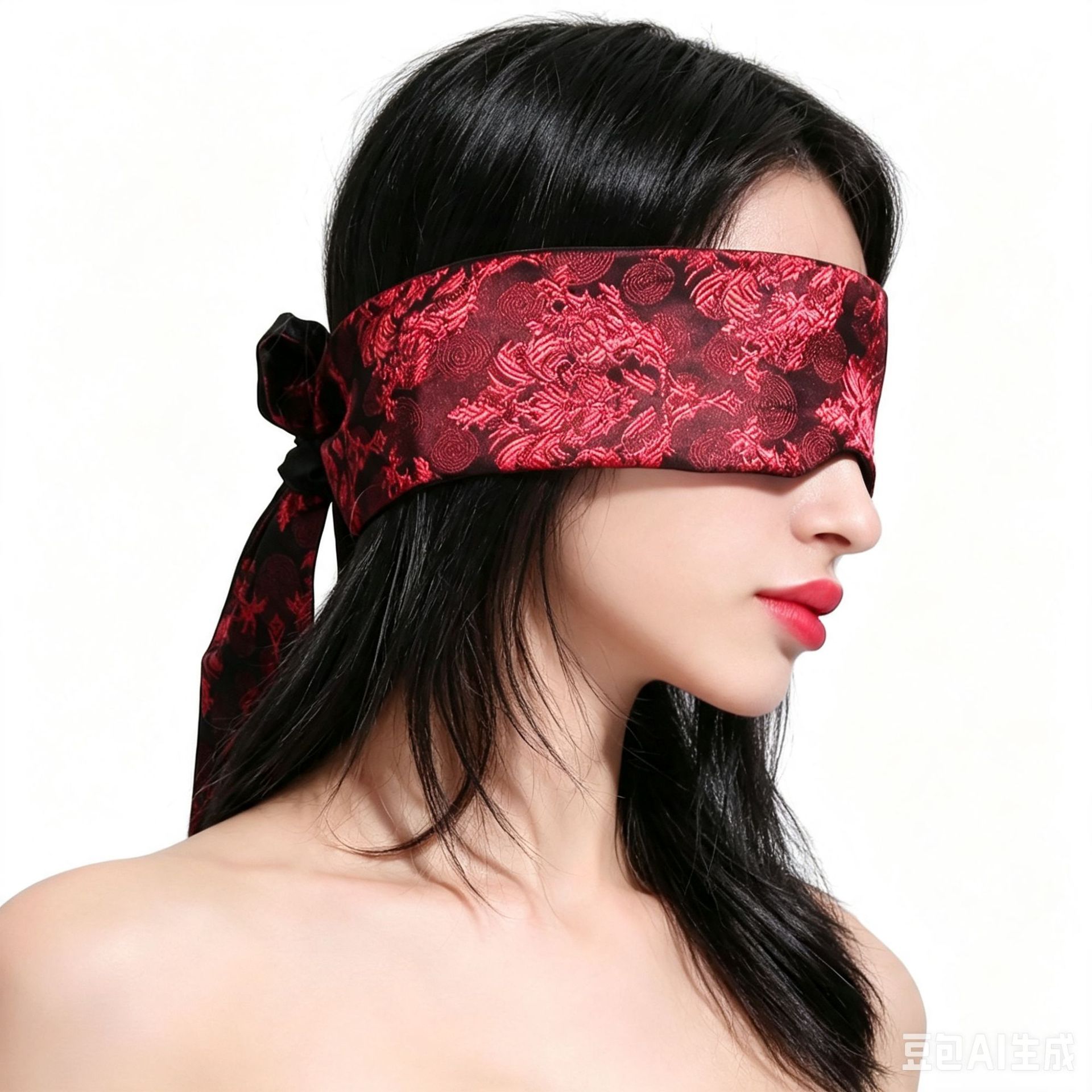 Satin Blindfold with Ties and Elastic Band, Red and Black Silk-Feel Eye Mask — detail image 5
