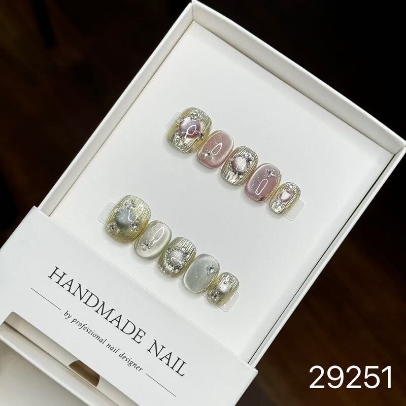 【純手作りのつけ爪29-32】ロングフレンチキャットアイパッチ付け爪、取り外し可能なネイルアートコレクション|undefined