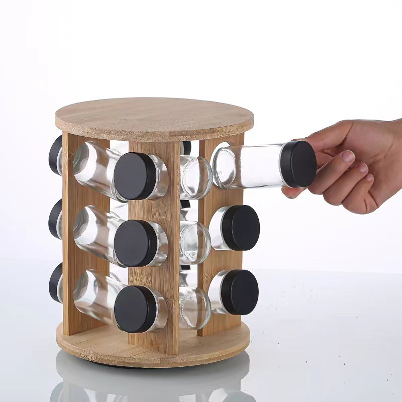 Multi -layer spices wooden kitchen condiments finishing rack cross -border rotation rack vertical seasoning tank wooden frame