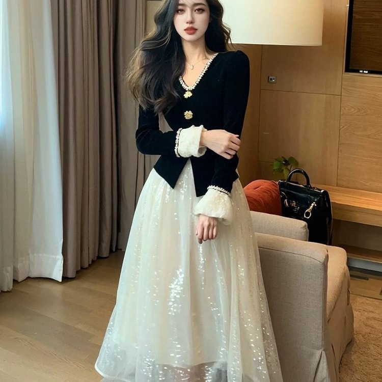 法式高级感洋气连衣裙女春秋韩版收腰显瘦假两件名媛千金风长裙子|undefined