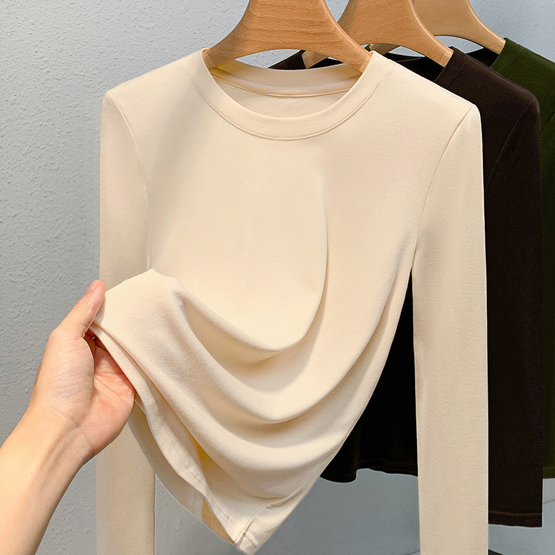 De terciopelo camisa de fondo para las mujeres 2023 nuevas color sólido cuello redondo aminoácidos piel inferior ropa caliente calefacción interior superior