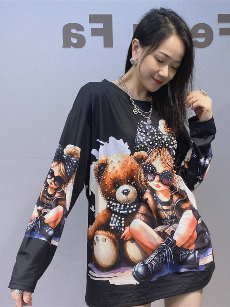 Comercio exterior transfronterizo ropa de mujer de cuello redondo suelto camiseta de manga larga de otoño nueva impresión de moda de gran tamaño perlas de clavos camiseta de manga larga image 6