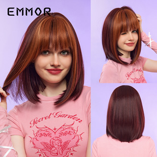 Cross-border neat bangs black brown highlights purple short hair bobo clavicle hair full head set internet celebrity COS personality wig