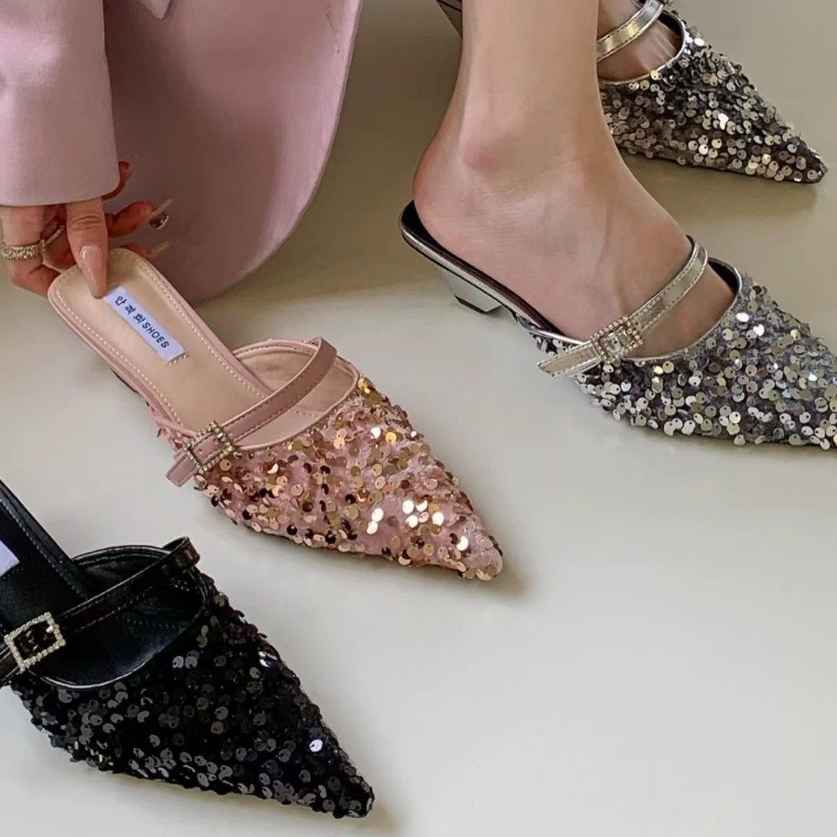 法式高级感尖头包头半拖鞋女高跟鞋2025年春夏气质外穿时尚凉拖鞋