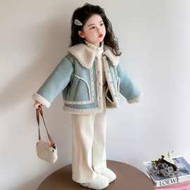 女童套装秋冬新款韩版皮毛一体上衣加绒保暖直筒裤洋气儿童冬装潮