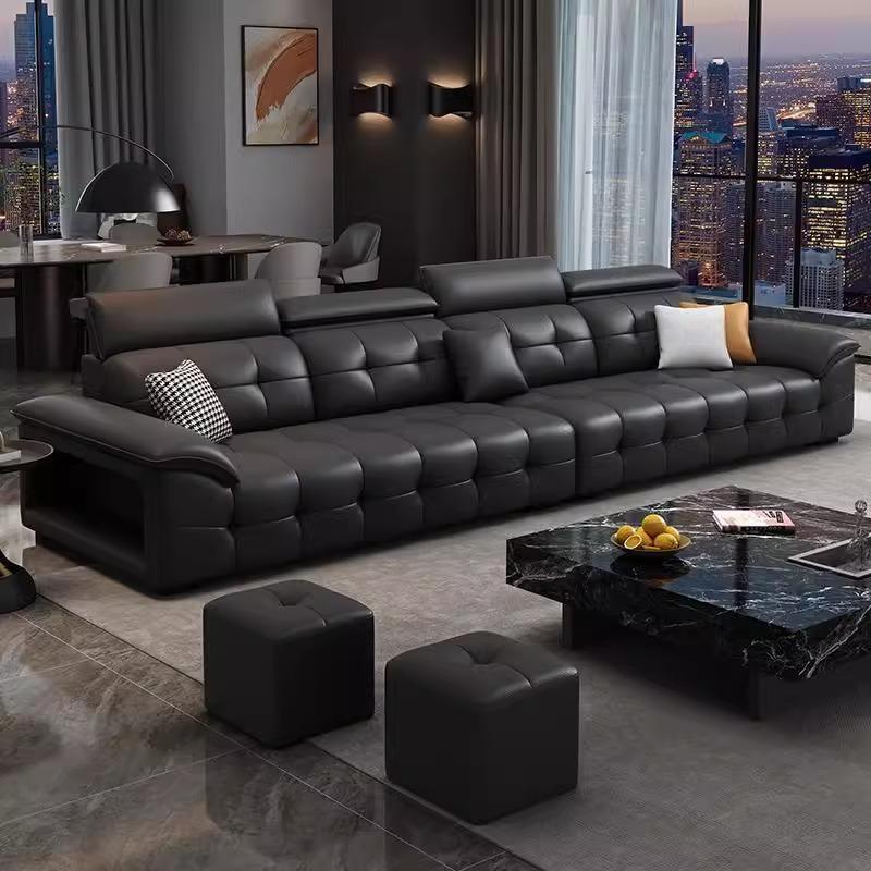 Italian Minimalist Lawrence Sofa Living Room Straight Row Adjustable Large Black Cow Head Layer Cowhide Sofa