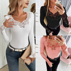 European and American cross-border 2025 new solid color neckline and cuff spliced ​​lace lace iron diamond long sleeve T-shirt top for women