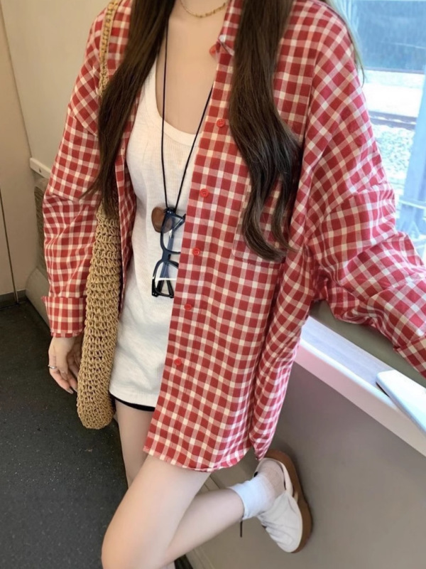 复古红色休闲格子衬衫外套春秋新款长袖宽松慵懒风小个子衬衣上衣|undefined