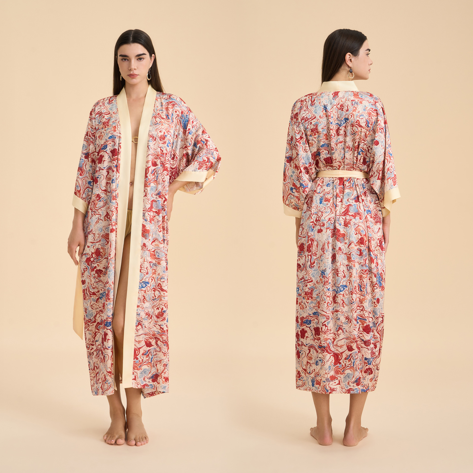 Europa y América pijamas damas primavera y otoño satén chiffon bata de baño impresión desordenada bata de dormir cómoda ropa larga para el hogar WP3976