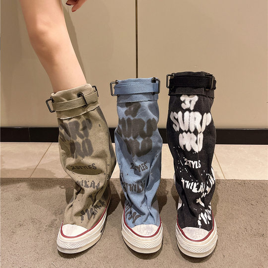 Casual Sneakers Graffiti High-top Canvas Shoes Women's Spring Boots Wide-tube Mid-tube Boots 2025 New Trousers Stacking Boots