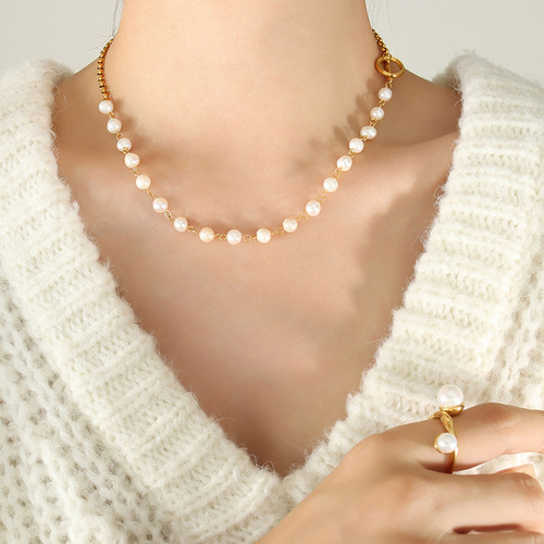 Exquisite ins style fashionable freshwater pearl OT buckle bracelet necklace jewelry set titanium steel gold-plated P649-E171
