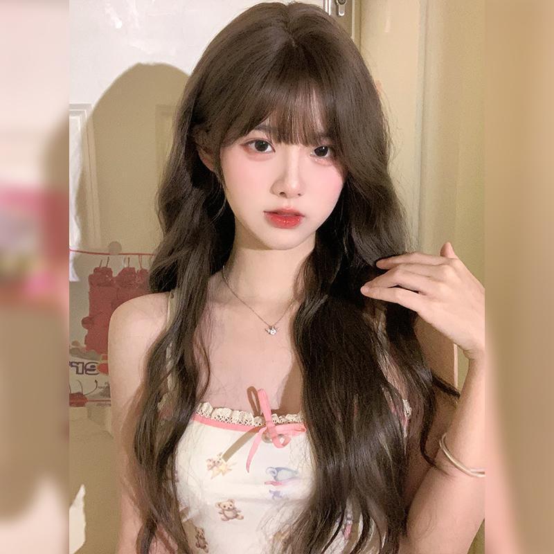 Wig for Women, Fashionable, Age-Reducing, Whitening, Natural and Traceless, Hazelnut Gray-Brown Long Curly Hair, Atmospheric Big Wave Full Headgear