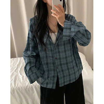 外贸跨境女士韩版百搭格子连帽衬衫外套女防晒格纹长袖衬衣东大门|undefined