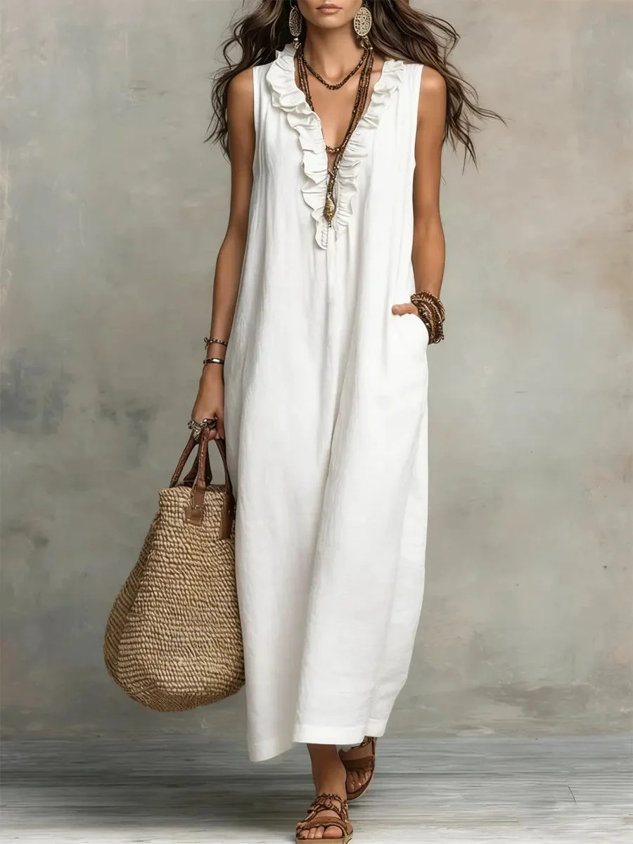 Women's V Neck Ruffled Cotton Linen Boho Maxi Dress – Breathable Casual Resort Gown With Tiered Details_ecoleips.com