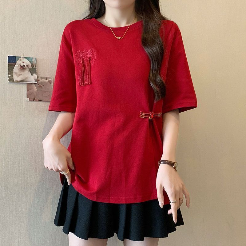 Nueva camiseta de manga corta con botones de borla de estilo nacional chino para mujer 2024 verano nuevo estilo suelto y delgado top de talla grande para mujer ins