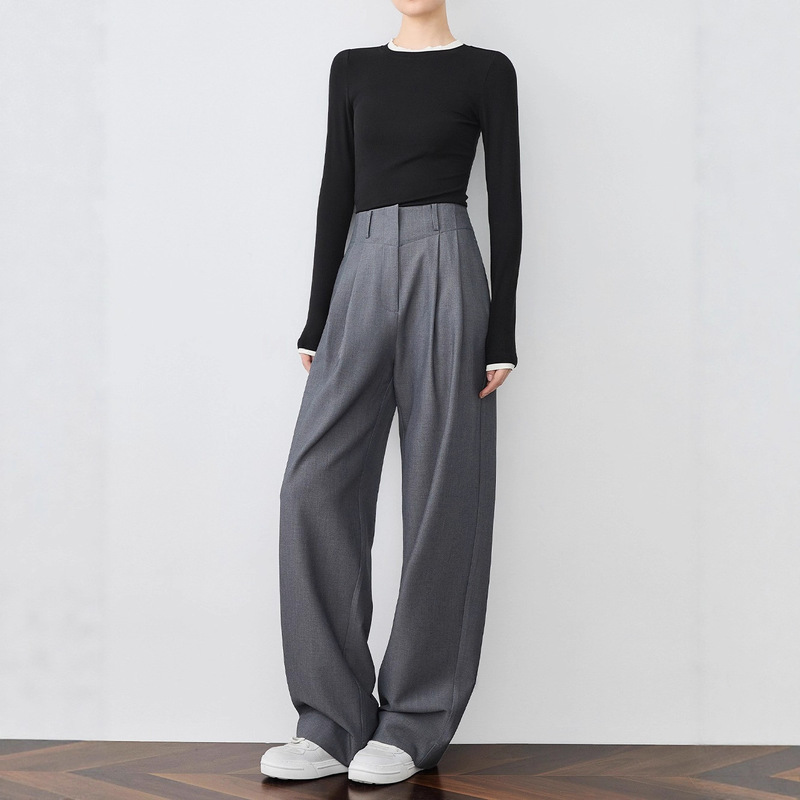 [No Wrinkles after Long Sitting] Gray High-Waisted Suit Pants for Tall Women, Extra Long Drapey Wide-Leg Trousers, Fall 2026