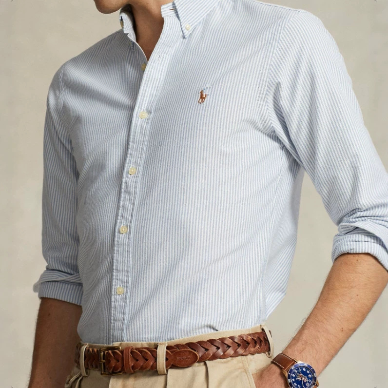 New High-Thread-Count Cotton Men's Long-Sleeve Shirt with Pony Embroidery, American-Style Rl Business Formal Casual Button-Down Solid Color Shirt