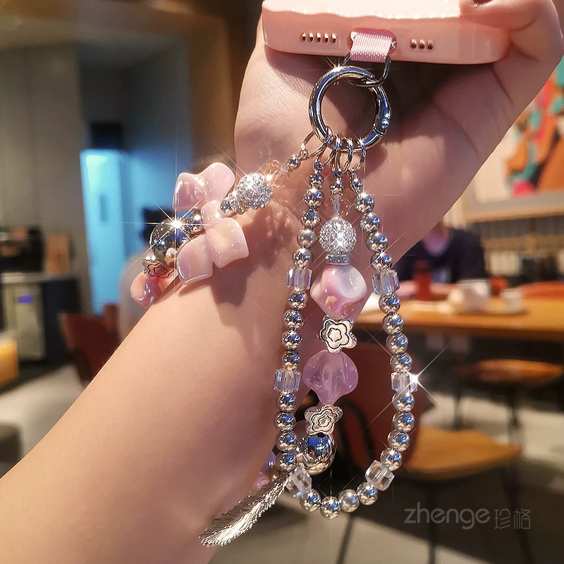 Phone Strap Beaded Chain, Handmade Woven Charm with Bow, Short 2-Sided Decorative Strap